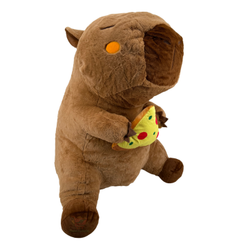 Sitzendes Capybara Plüschtier XXL ca. 80 cm in Braun mit dunkler Schnauze, das eine Pizzascheibe in den Pfoten hält.